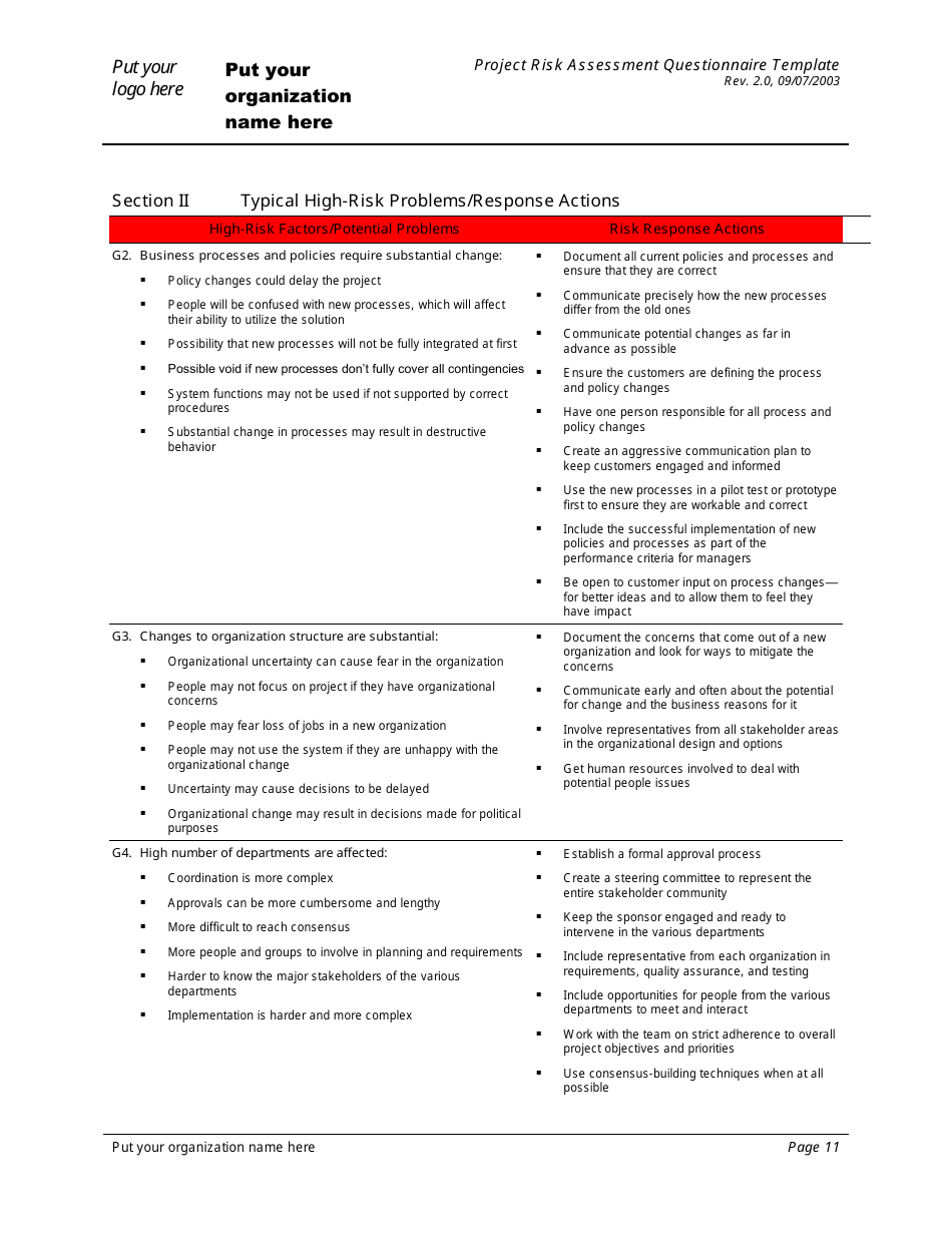 Project Risk Assessment Questionnaire Template, Page 11