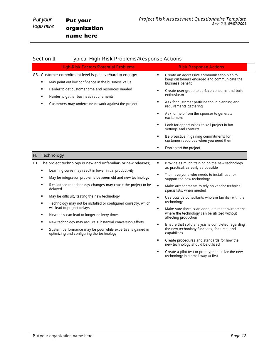Project Risk Assessment Questionnaire Template, Page 12