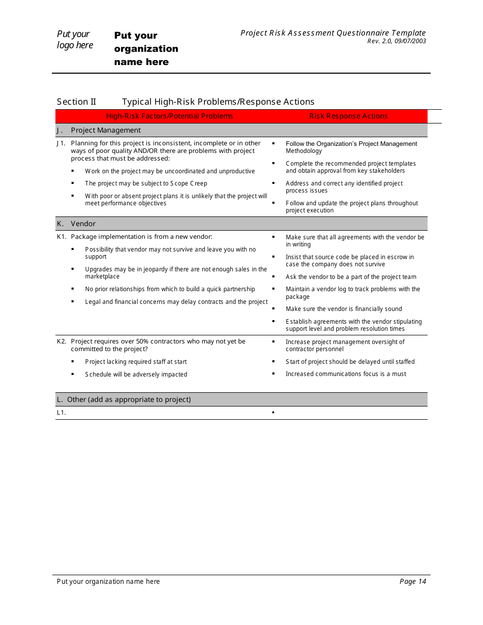 Project Risk Assessment Questionnaire Template, Page 14