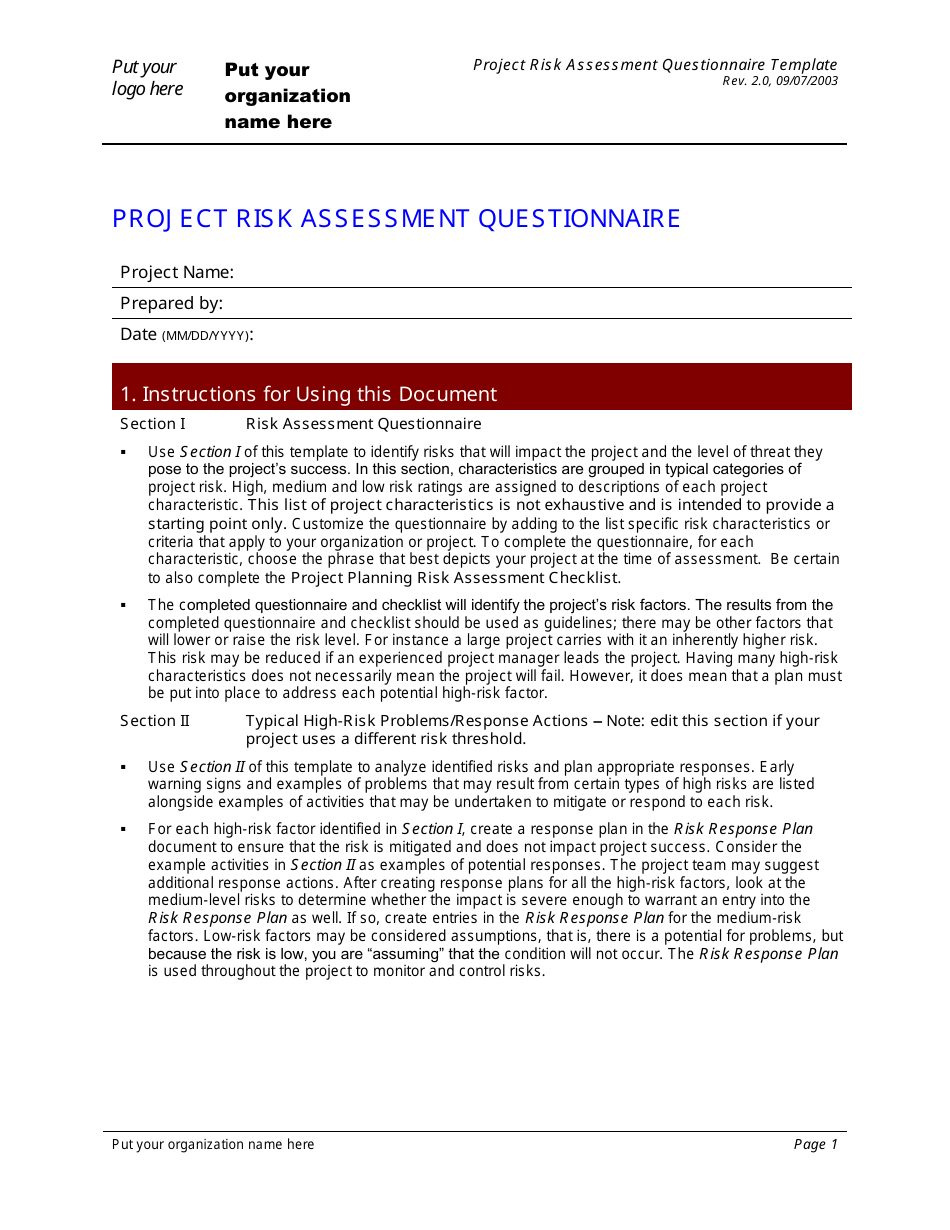 Project Risk Assessment Questionnaire Template - Preview Image