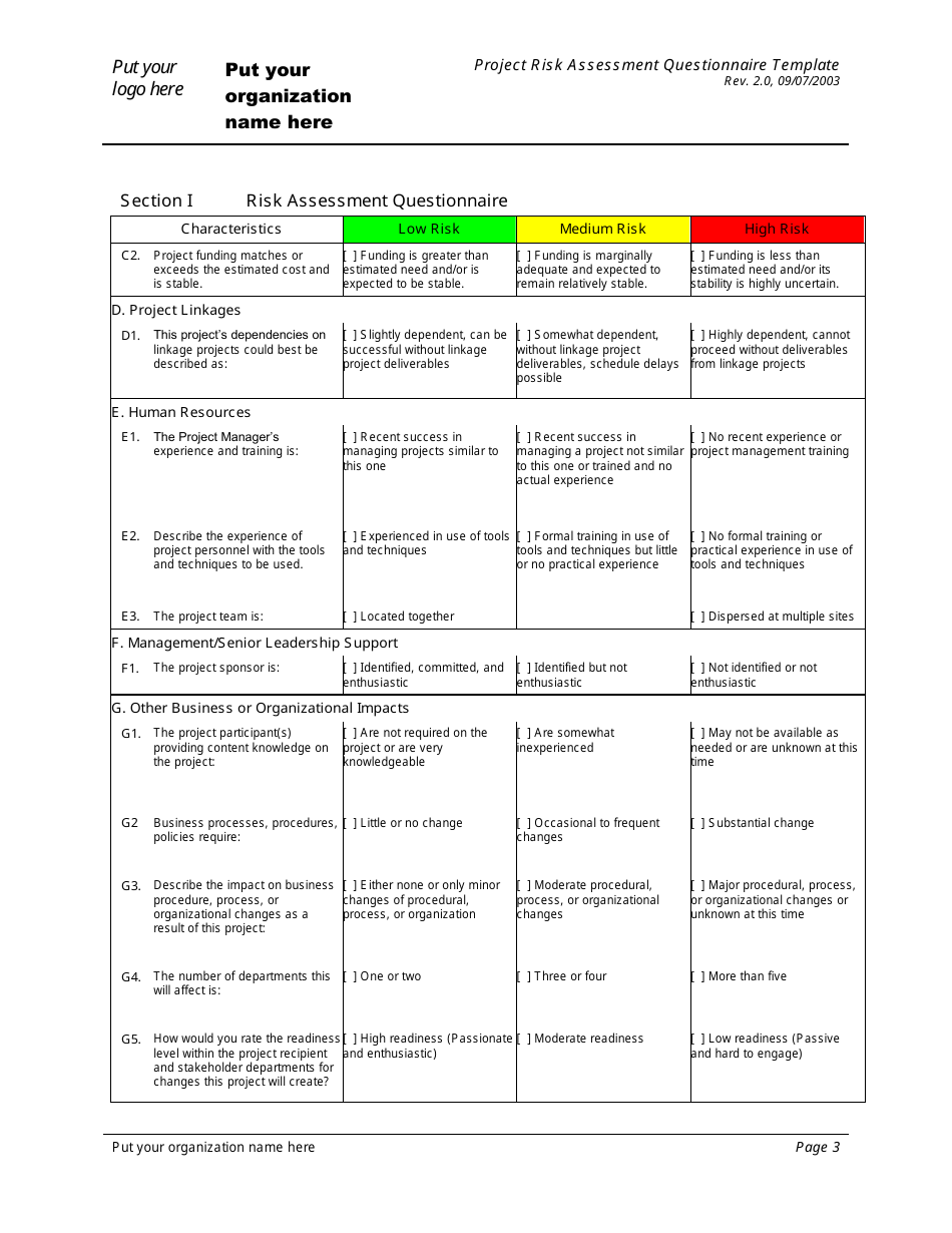 Project Risk Assessment Questionnaire Template, Page 3