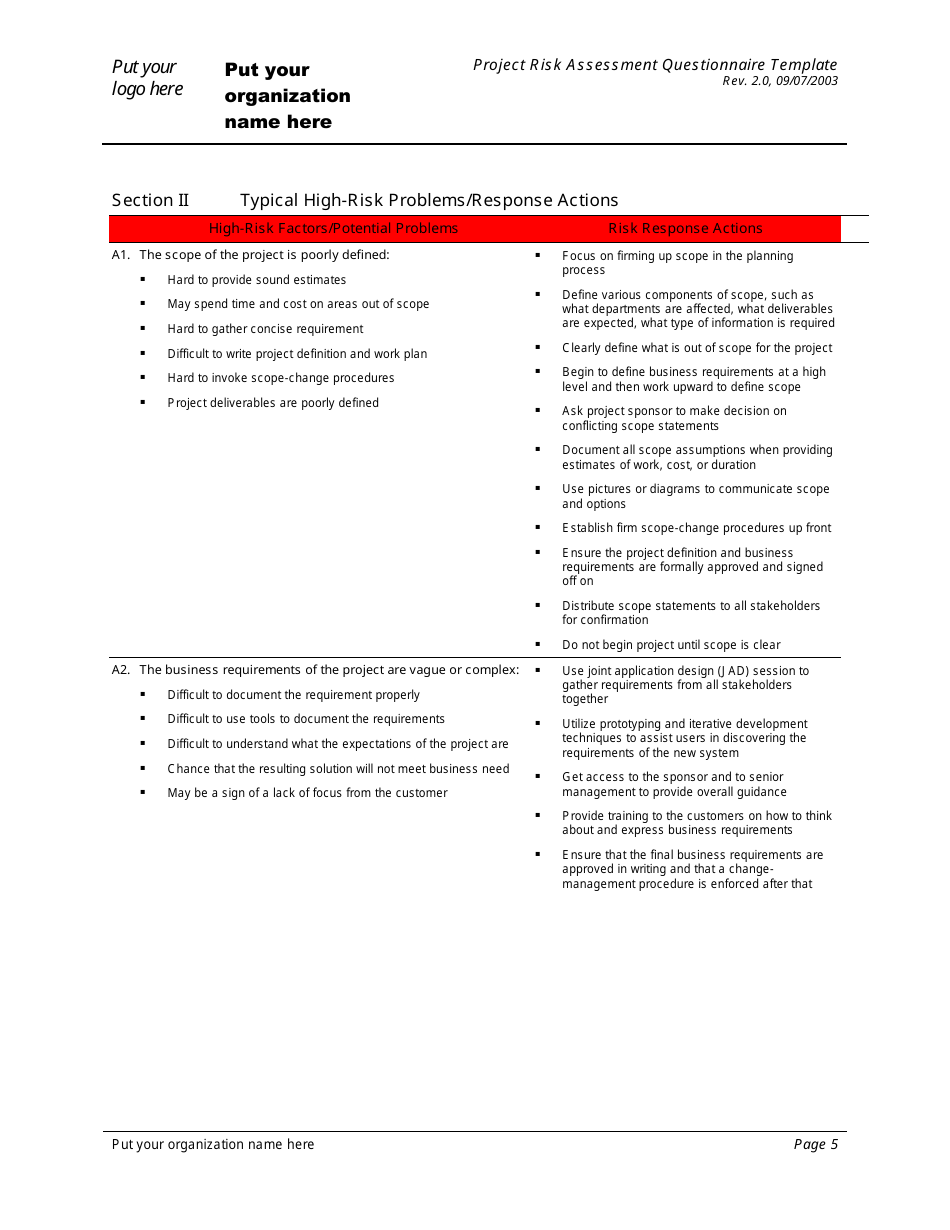 Project Risk Assessment Questionnaire Template, Page 5