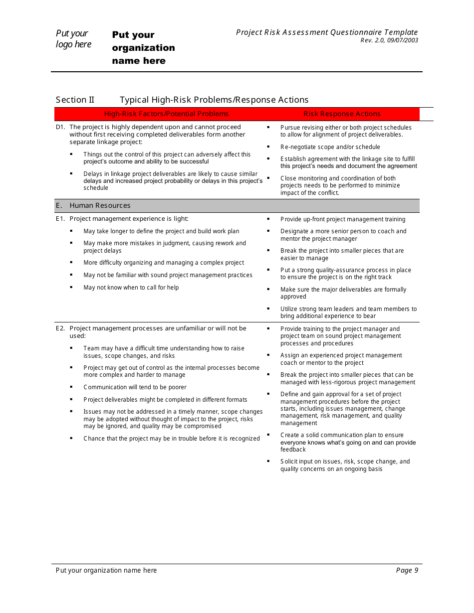 Project Risk Assessment Questionnaire Template, Page 9