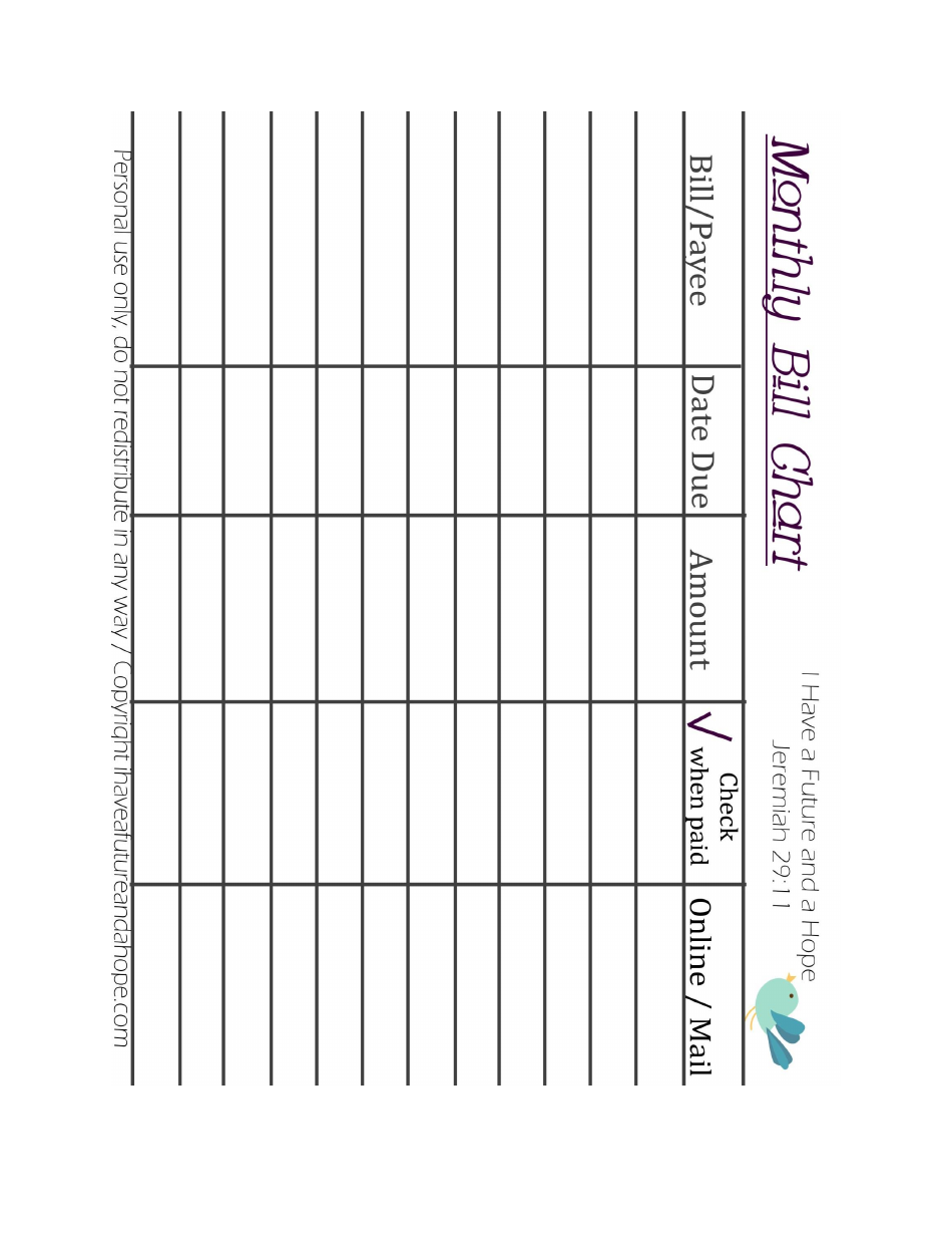 Monthly Bill Chart Template Bird Download Printable PDF Templateroller