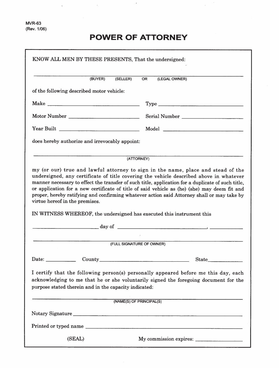 Form MVR-63 Power of Attorney - North Carolina, Page 1