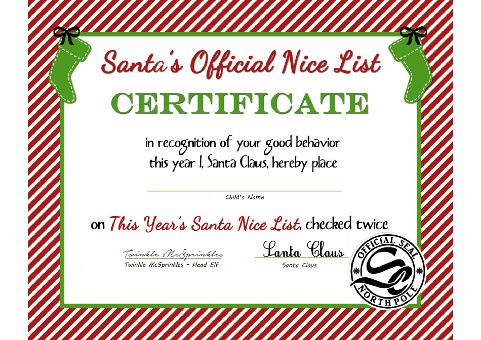 Santa's Official Nice List Certificate Template - Red and Green Preview Image