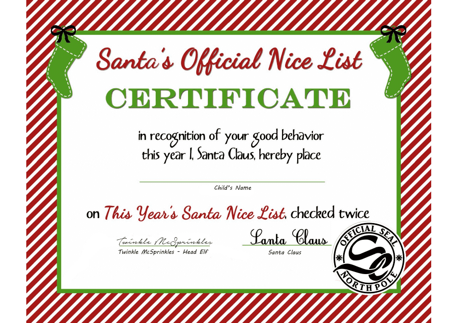 Santa S Official Nice List Certificate Template Download Printable Pdf Templateroller