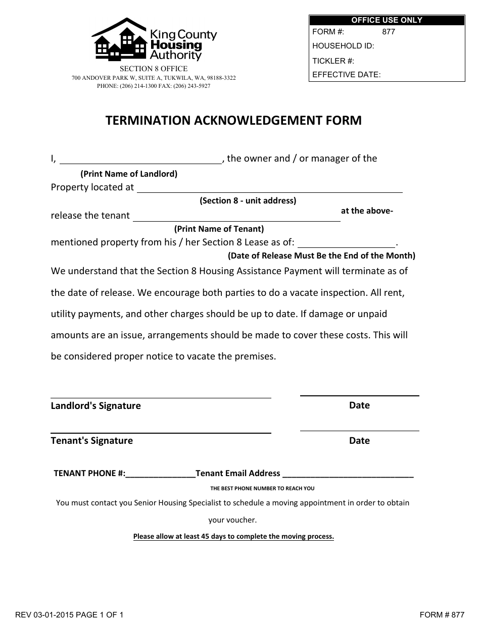 Termination Acknowledgement Form - King County Housing Authority - King county, Washington, Page 1