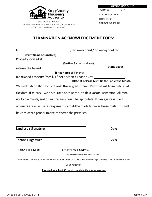 Termination Acknowledgement Form - King County Housing Authority - King county, Washington