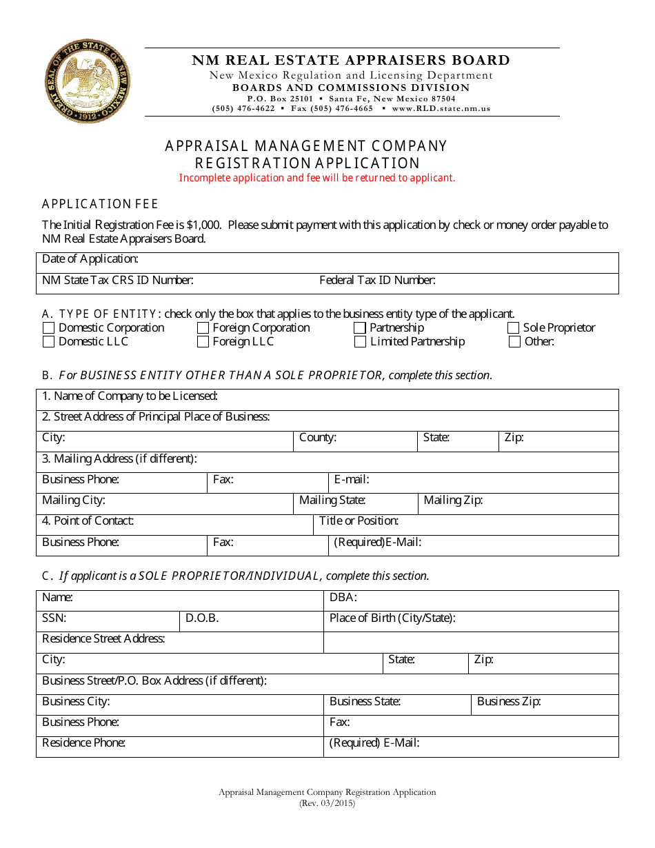 Appraisal Management Company Registration Application - New Mexico, Page 1