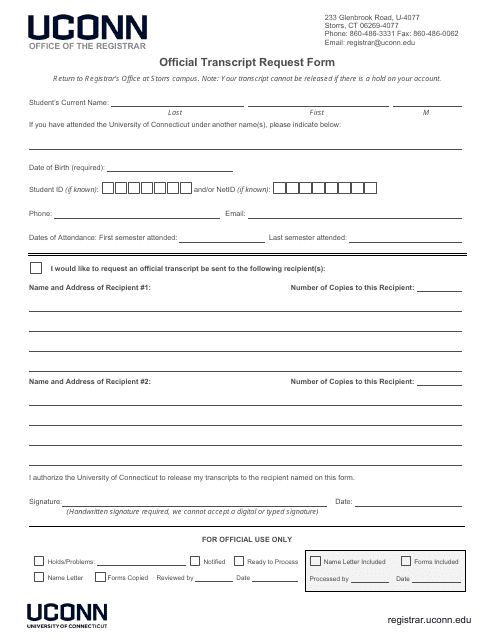 &quot;Official Transcript Request Form - University of Connecticut&quot; - Connecticut Download Pdf