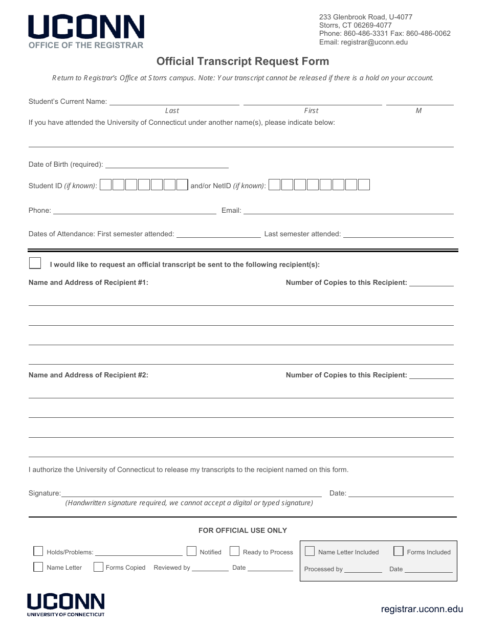 Official Transcript Request Form - University of Connecticut - Connecticut, Page 1