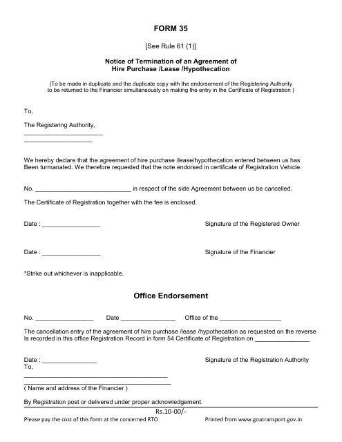 Form 35 Notice of Termination of an Agreement of Hire Purchase/Lease/Hypothecation - Goa, India