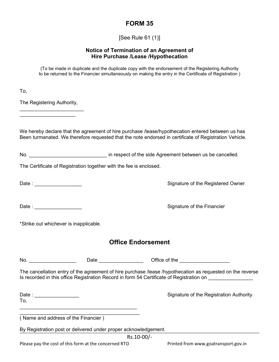 Form 35 Notice of Termination of an Agreement of Hire Purchase / Lease / Hypothecation - Goa, India, Page 1