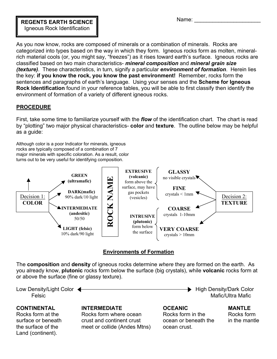Image preview of the Igneous Rock Identification Worksheet document