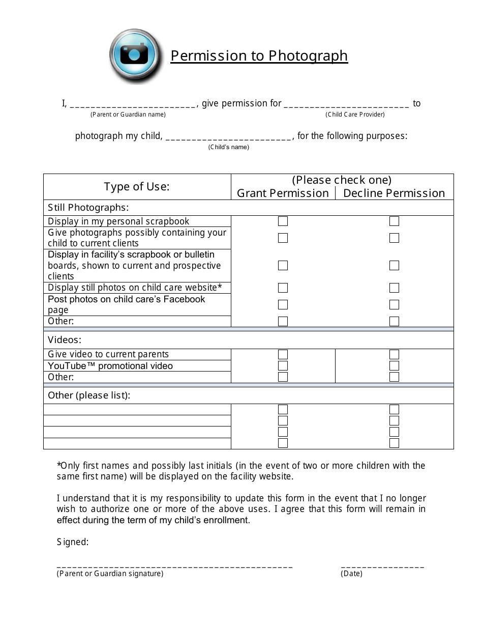 Child Care Provider Permission to Photograph Template, Page 1