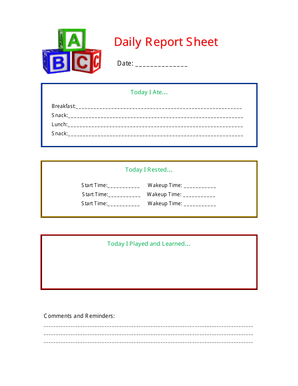 Childs Daily Report Sheet Template, Page 1