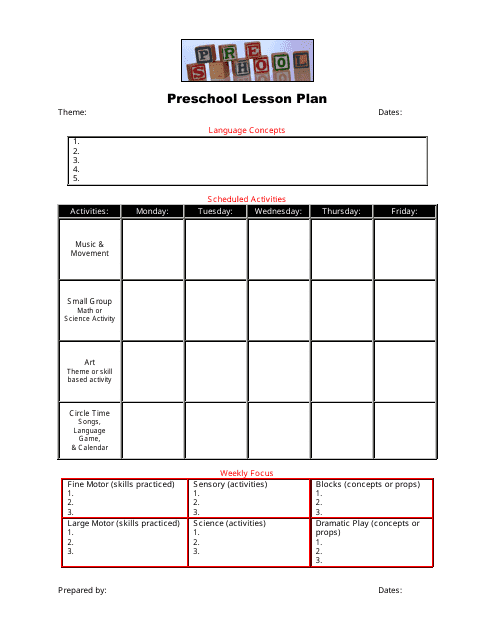 Preschool Lesson Plan Template Download Printable PDF Templateroller