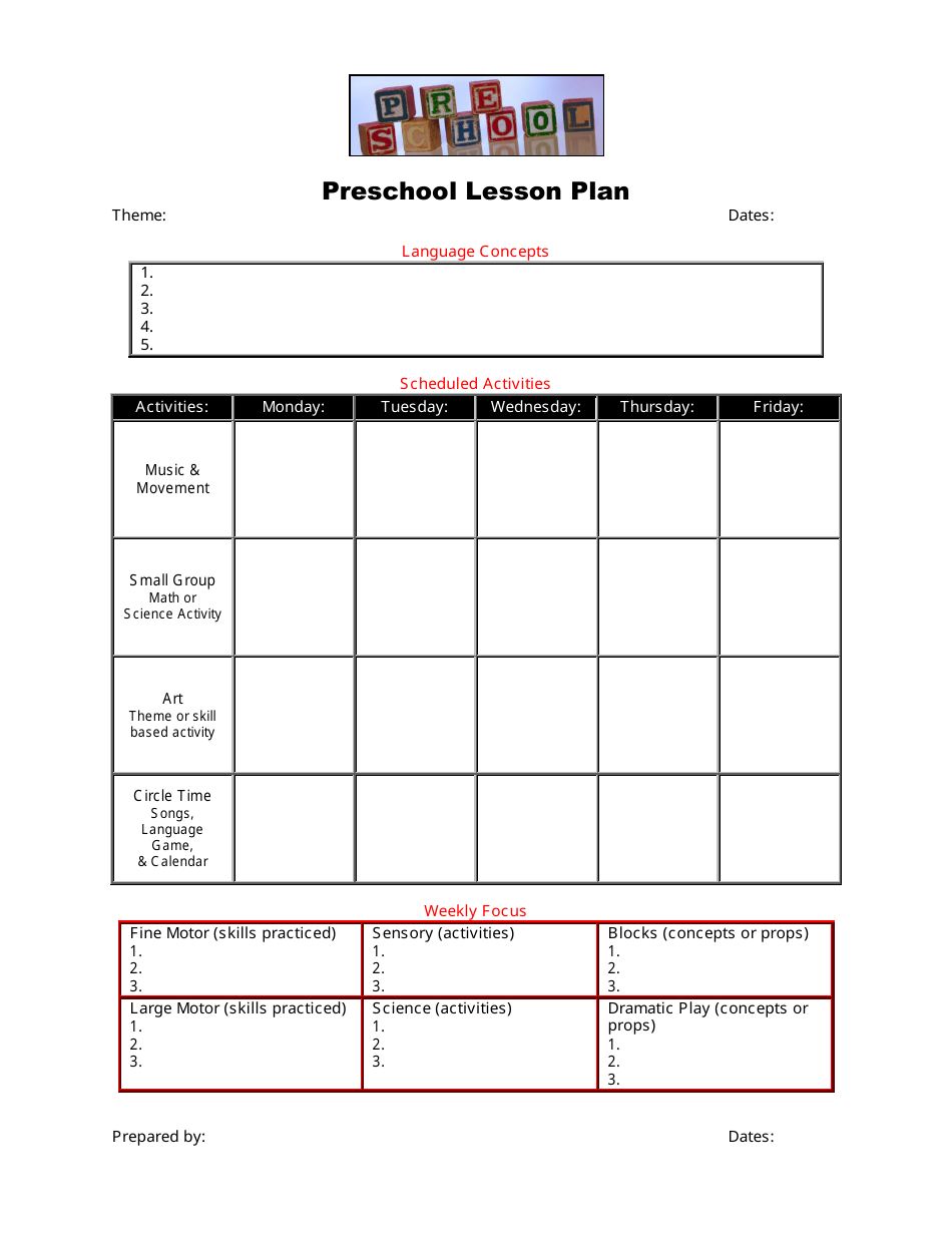 Preschool Lesson Plan Template Download Printable PDF  Templateroller Intended For Blank Preschool Lesson Plan Template
