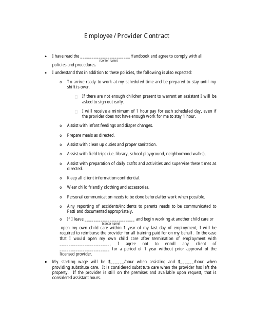 &quot;Employee / Provider Contract Template&quot; Download Pdf