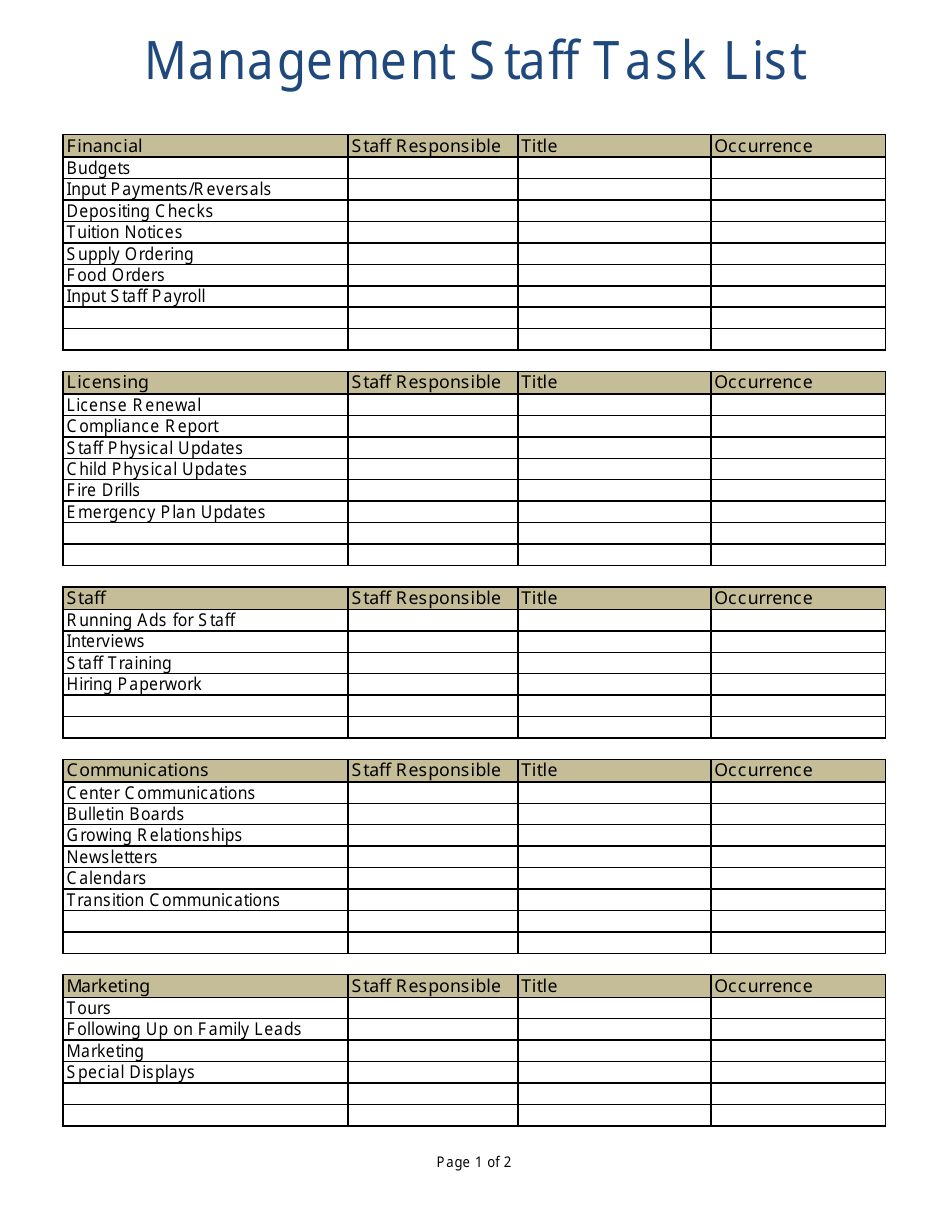 A well-organized Management Staff Task List Template