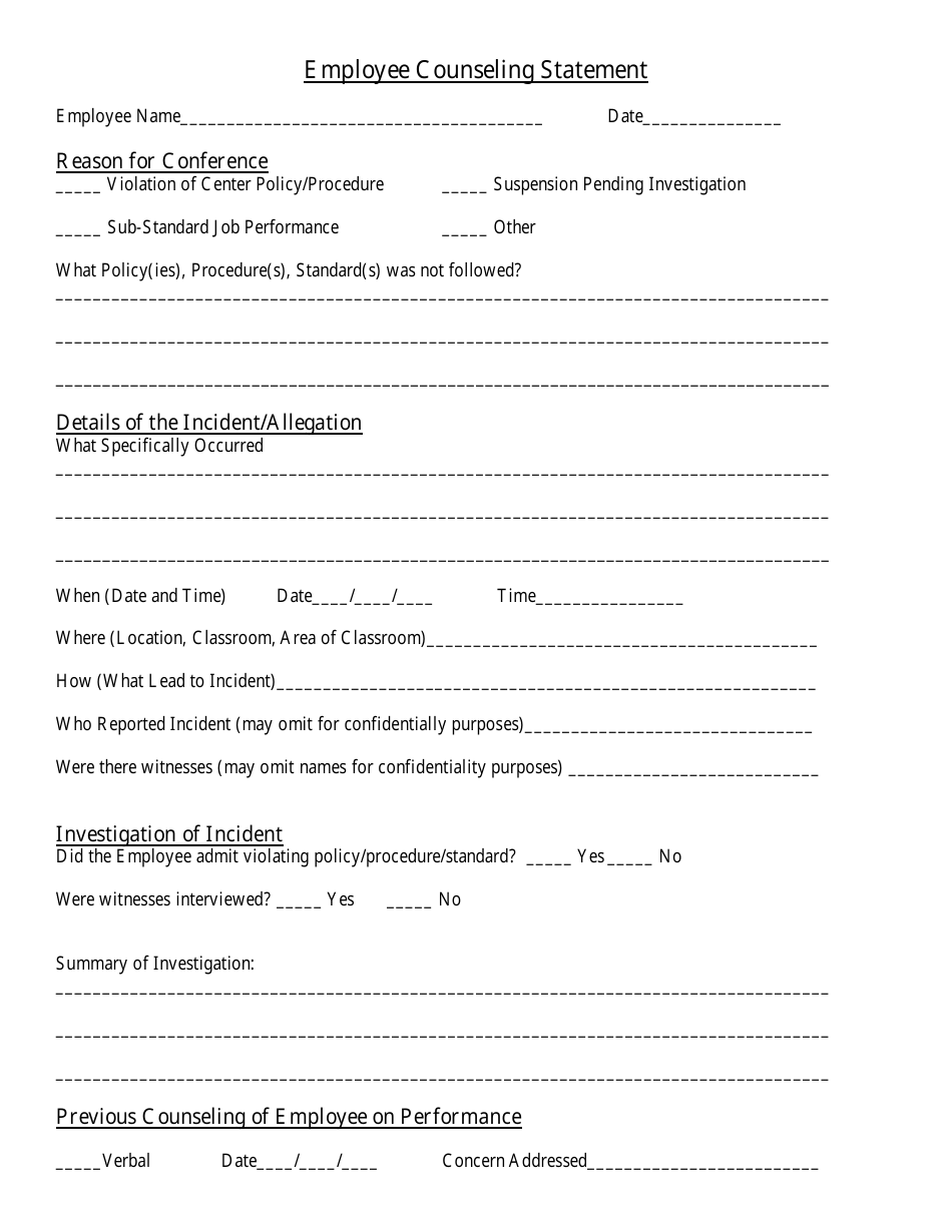 Employee Counseling Statement Template, Page 1