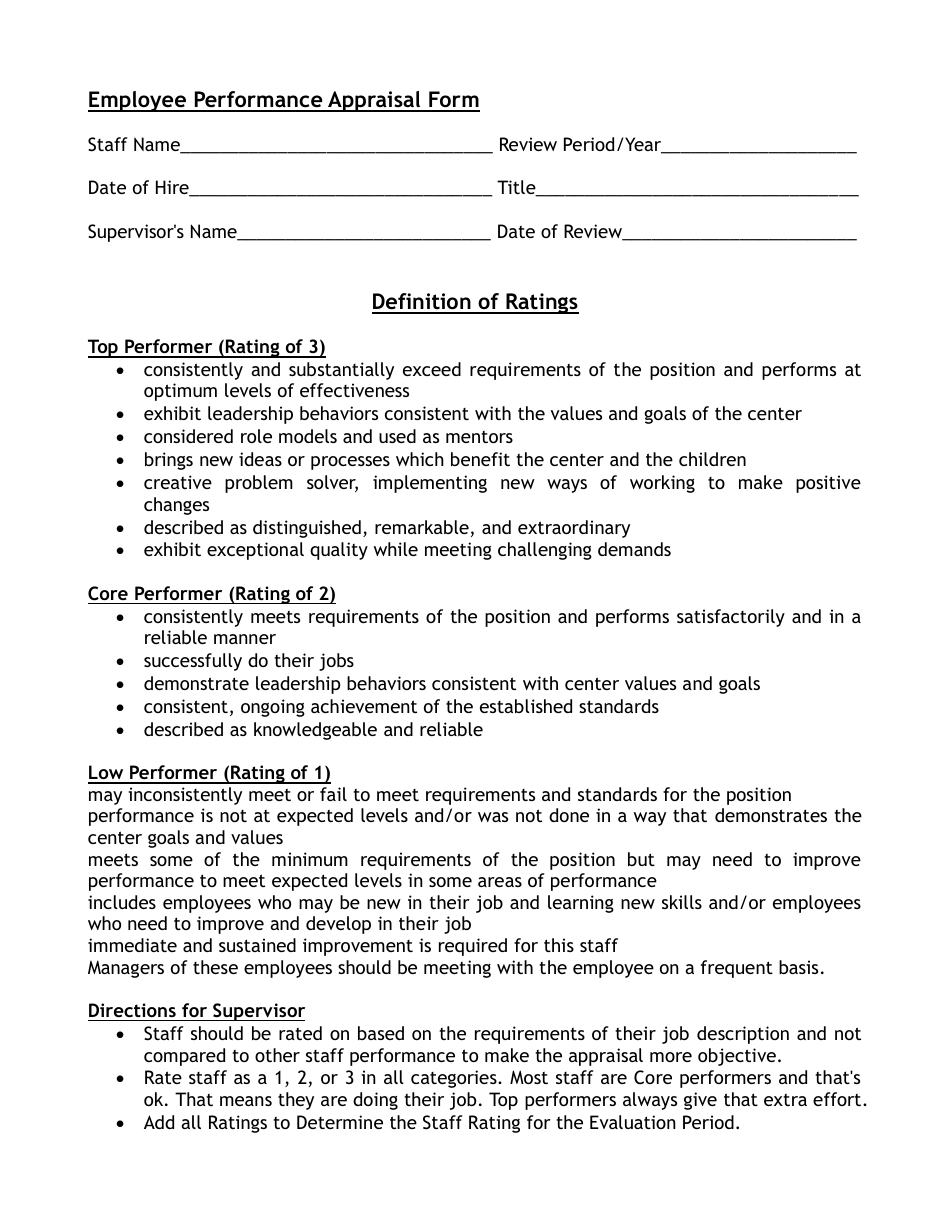 Employee Performance Appraisal Form Definition Of Ratings Download 0584
