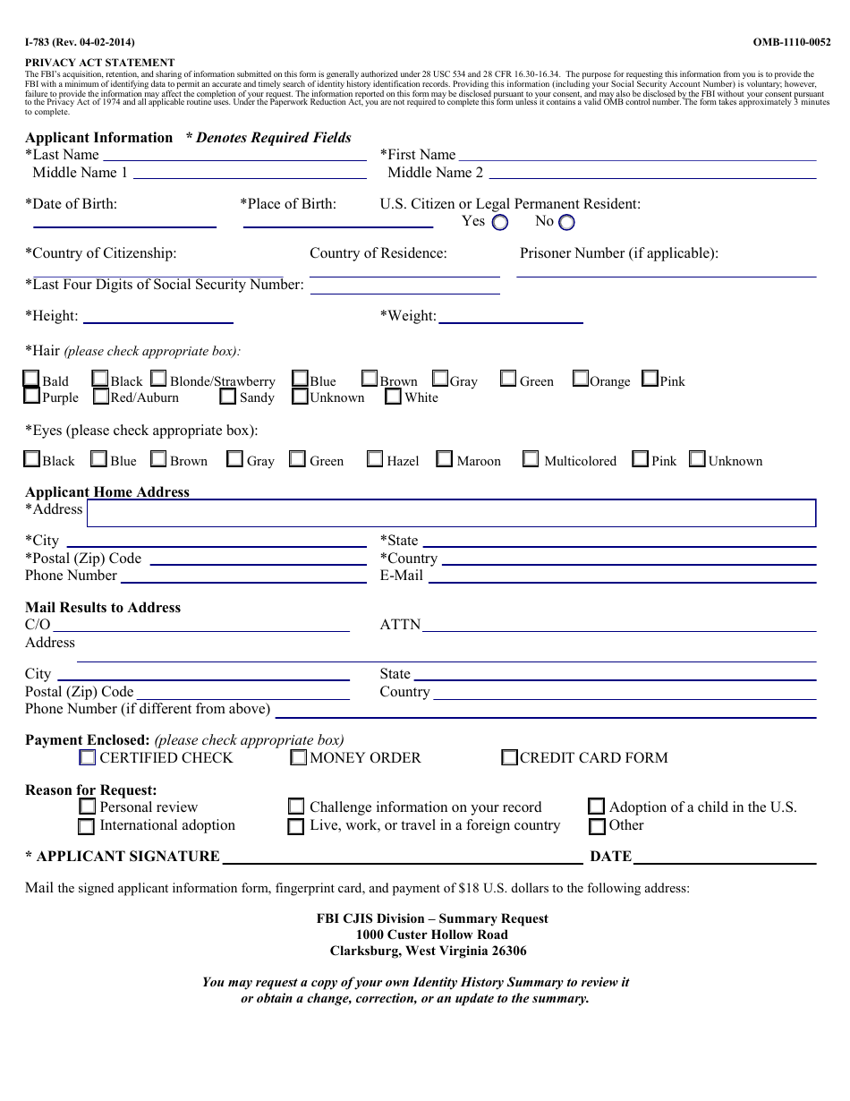 Form I-783 Applicant Information Form, Page 1
