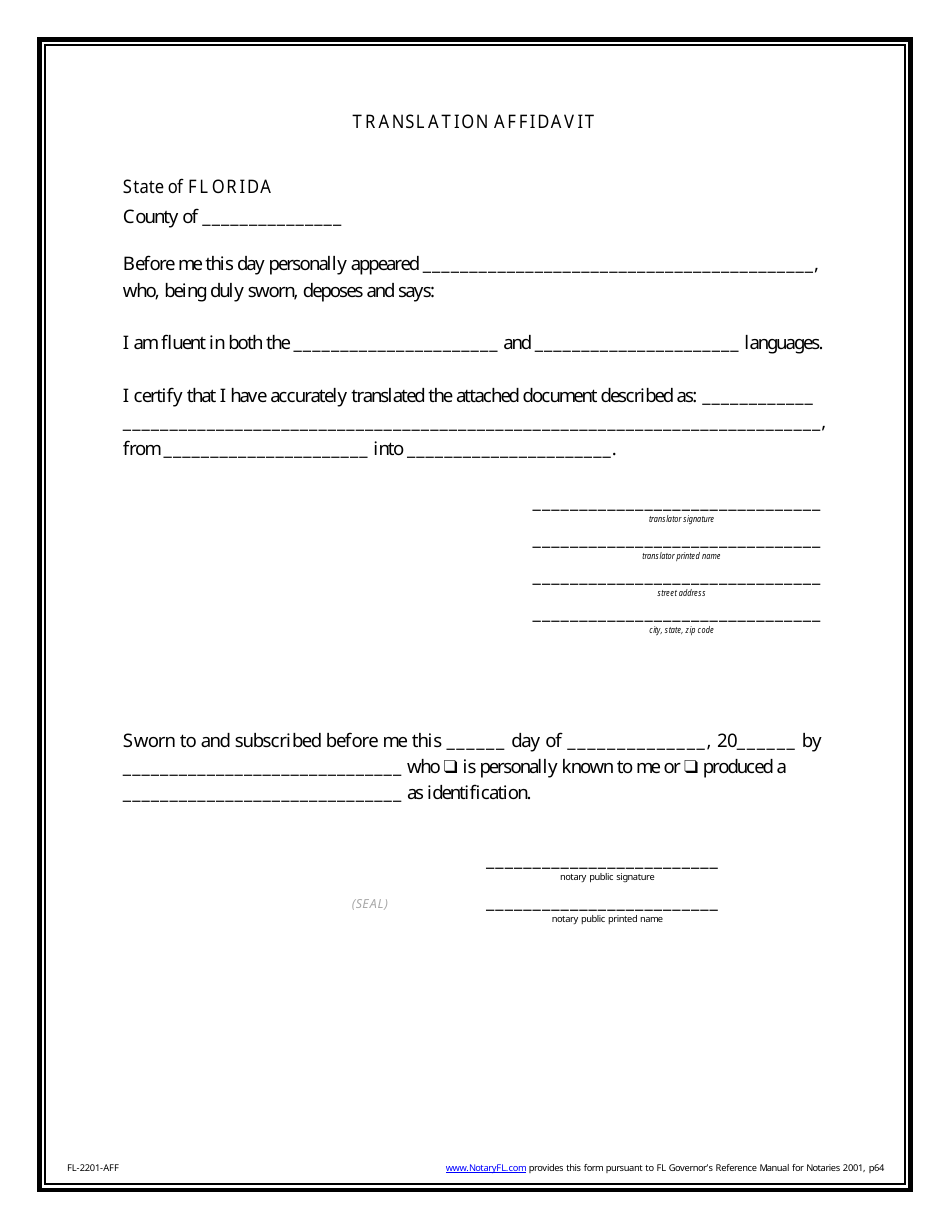 Translation Affidavit Form - Florida, Page 1