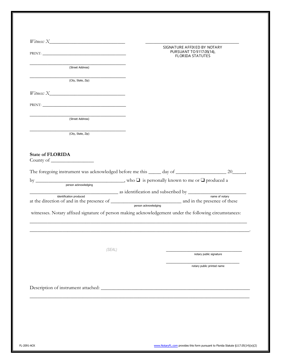 Long-Form Acknowledgment Certificate Template - Florida, Page 1