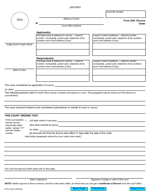 Form 25A Download Fillable PDF Or Fill Online Divorce Order One Page 