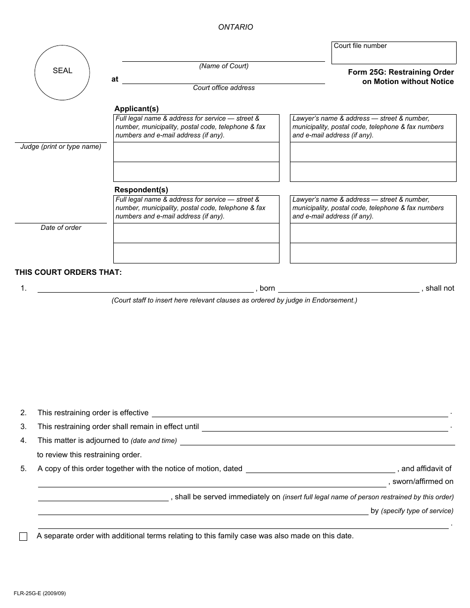 Form 25G Restraining Order on Motion Without Notice - Ontario, Canada, Page 1