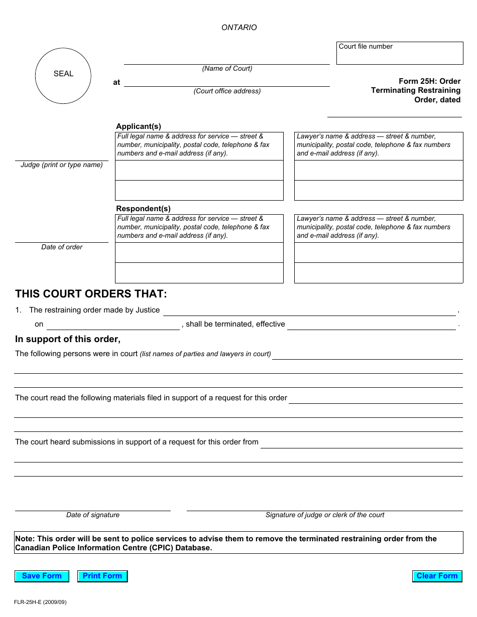 Form 25H Order Terminating Restraining Order - Ontario, Canada, Page 1