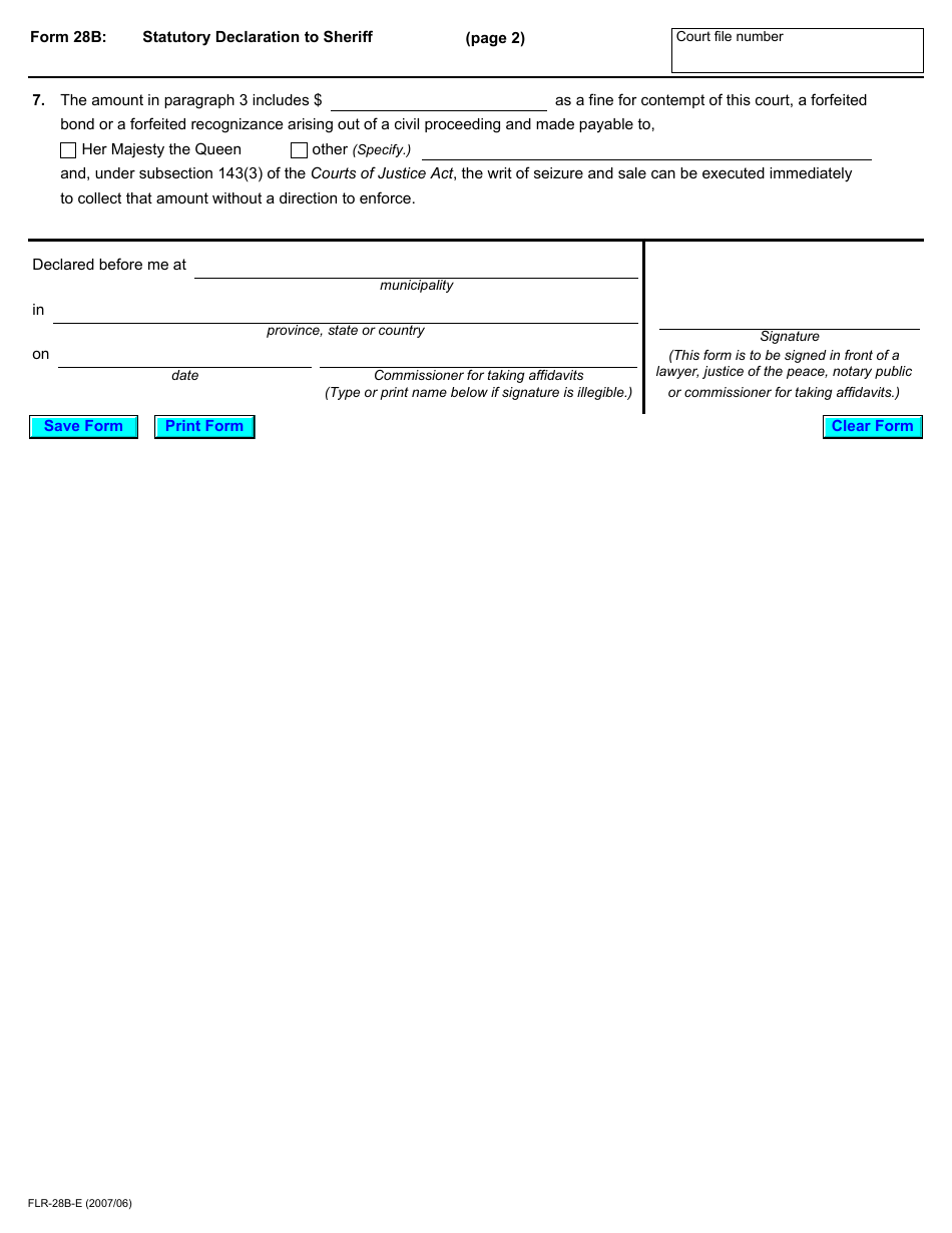 Form 28B Statutory Declaration to Sheriff - Ontario, Canada, Page 2
