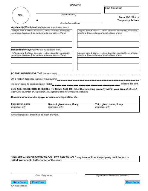 Form 28C Writ of Temporary Seizure - Ontario, Canada