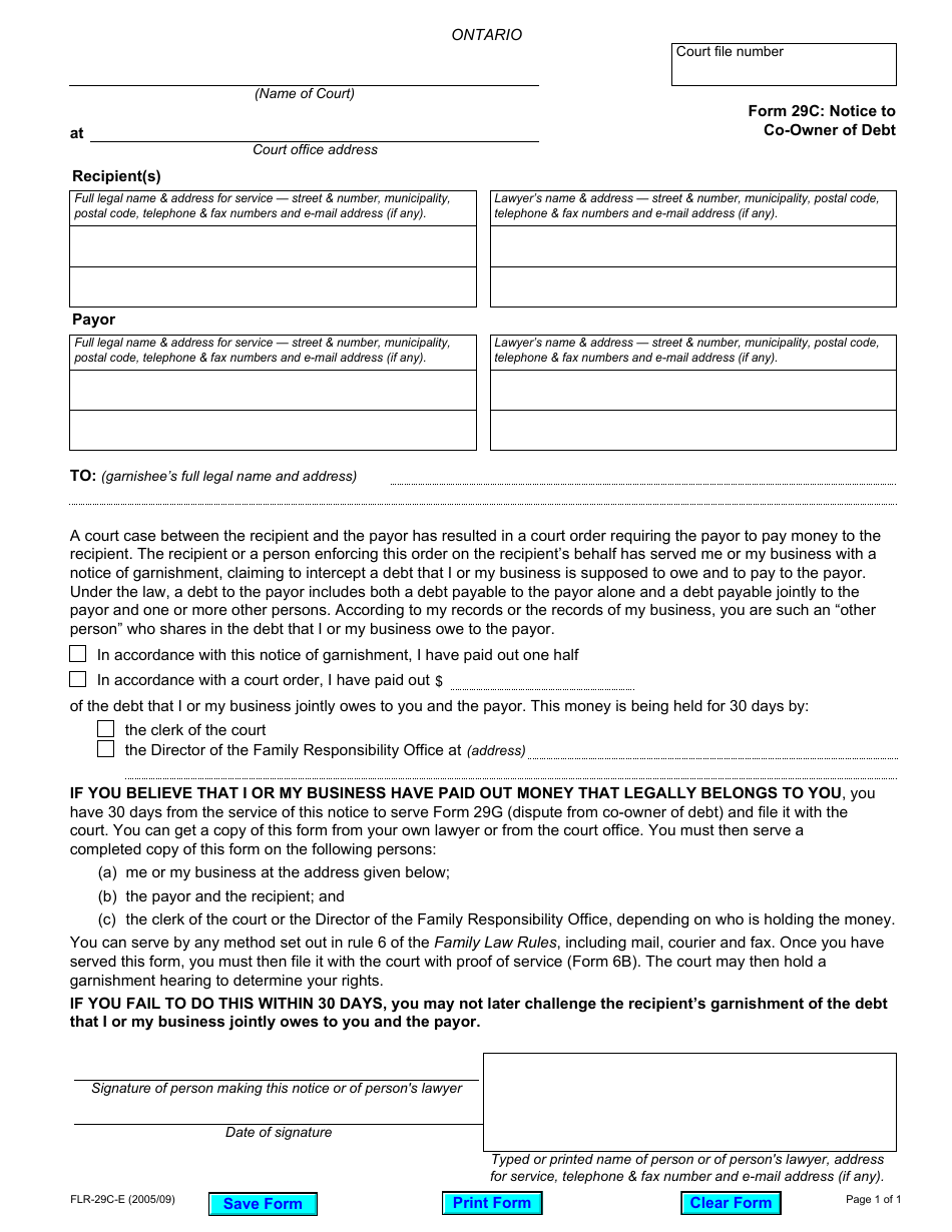 Form 29C Notice to Co-owner of Debt - Ontario, Canada, Page 1