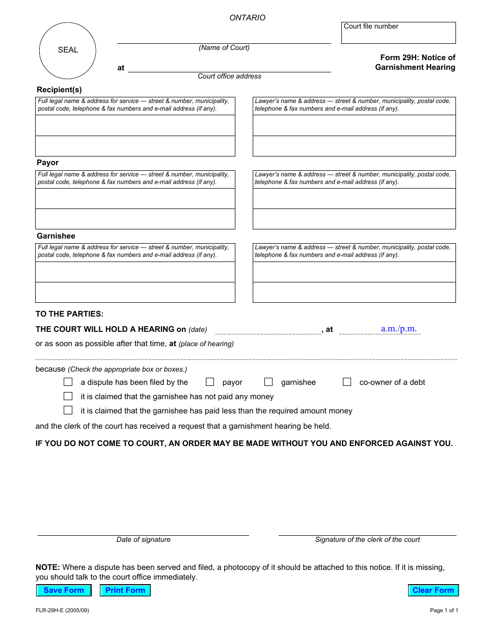 Form 29H Notice of Garnishment Hearing - Ontario, Canada, Page 1