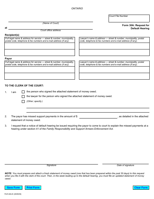 Form 30A Request for Default Hearing - Ontario, Canada