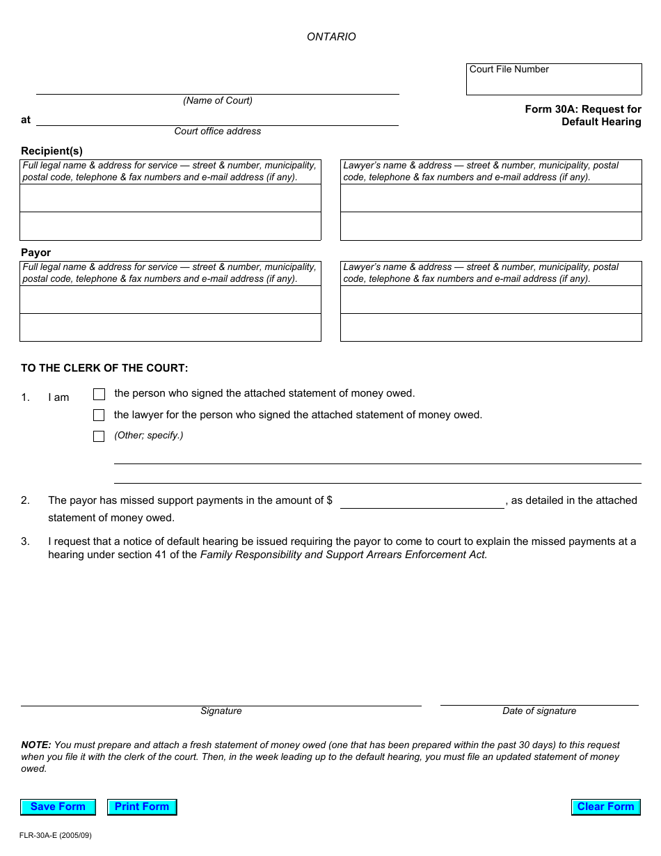 Form 30A Request for Default Hearing - Ontario, Canada, Page 1