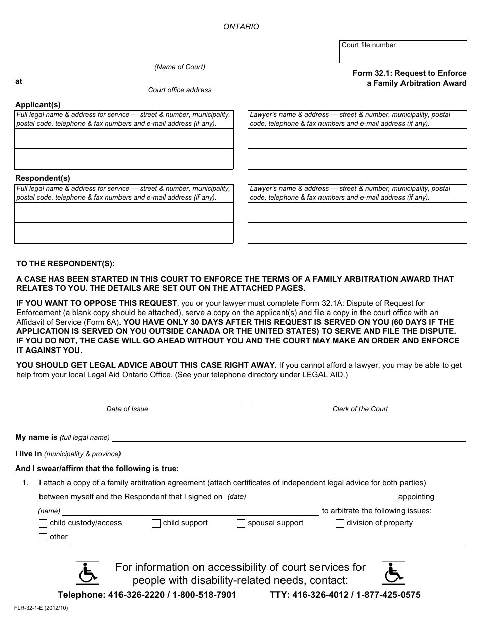 Form 32.1 Request to Enforce a Family Arbitration Award - Ontario, Canada, Page 1