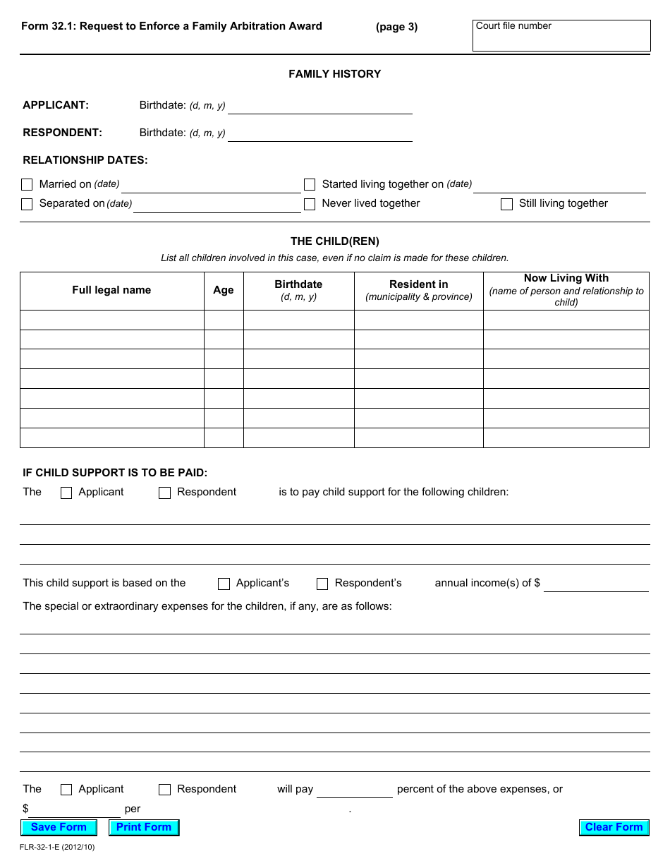 Form 32.1 Request to Enforce a Family Arbitration Award - Ontario, Canada, Page 3