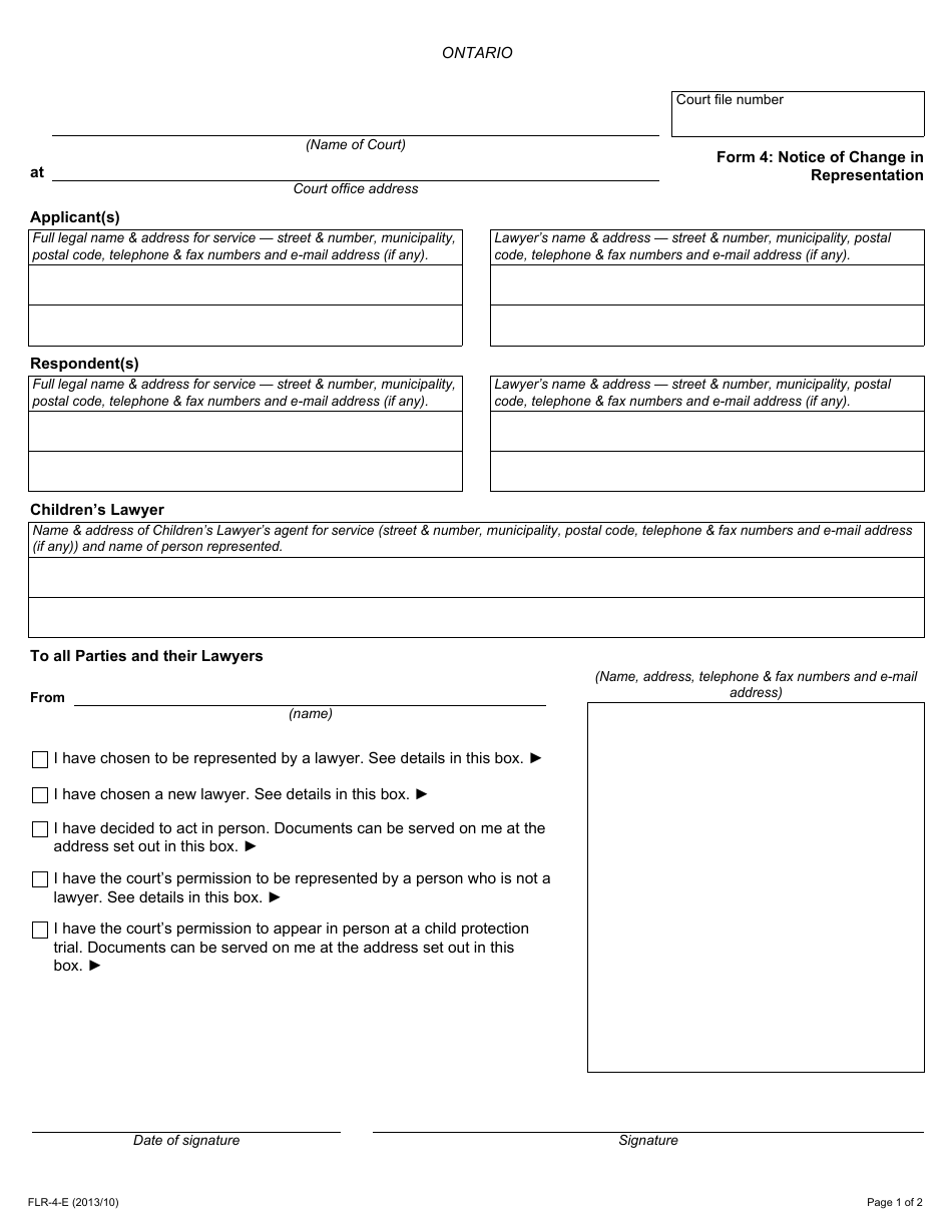 Form 4 Notice of Change in Representation - Ontario, Canada, Page 1