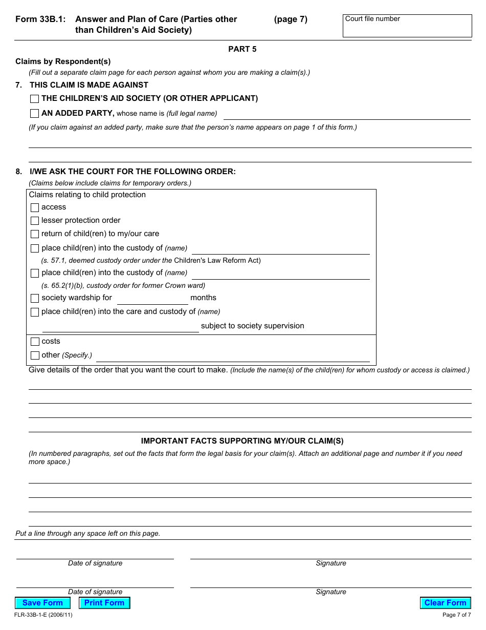 Form 33B.1 Answer and Plan of Care (Parties Other Than Childrens Aid Society) - Ontario, Canada, Page 7