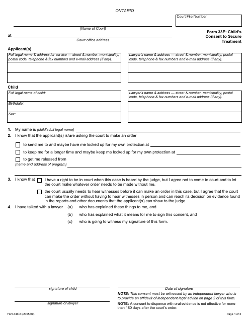 Form 33E Child's Consent to Secure Treatment - Ontario, Canada