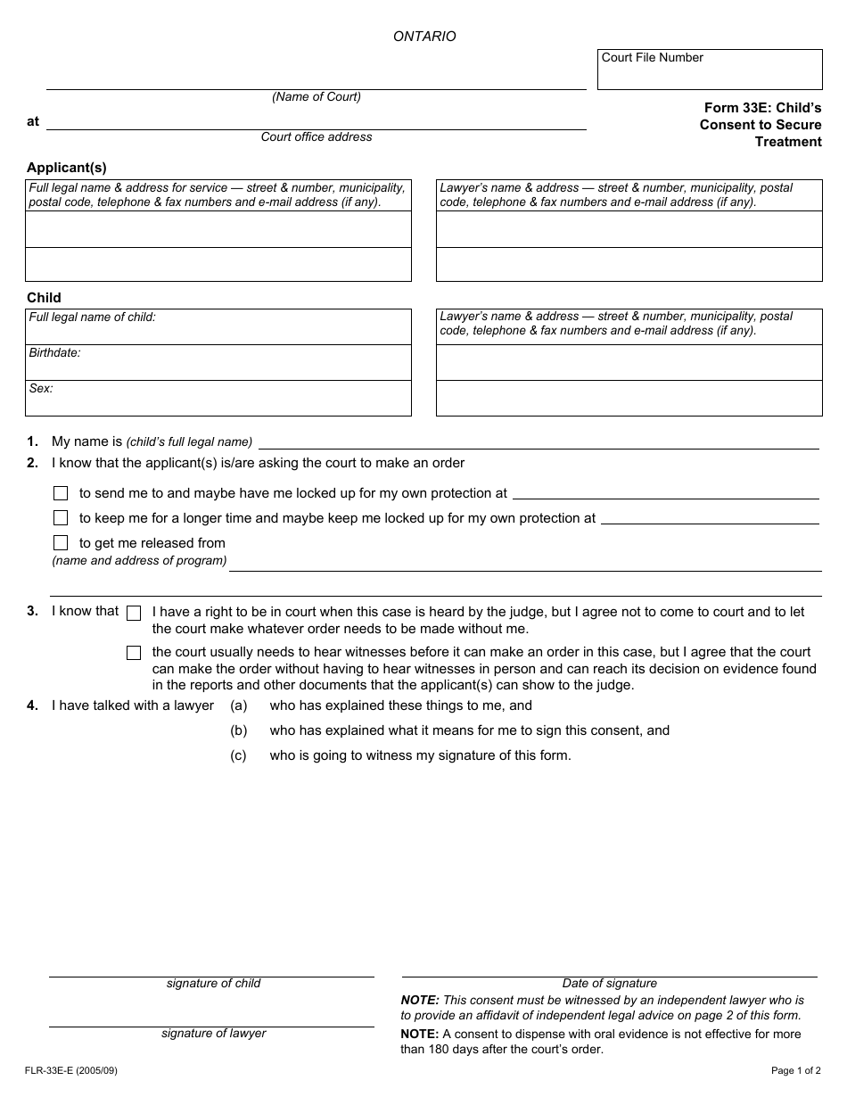 Form 33E Childs Consent to Secure Treatment - Ontario, Canada, Page 1