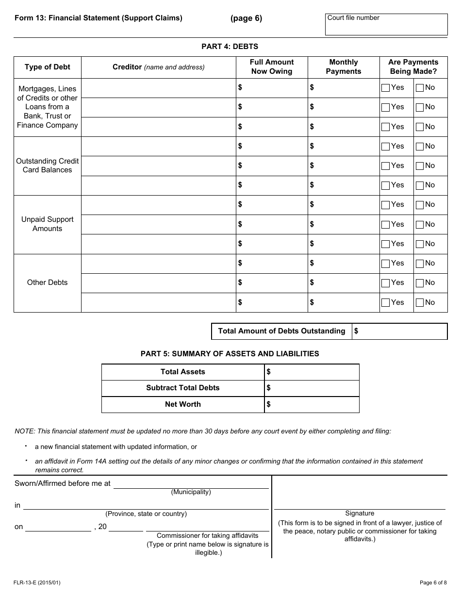 Form 13 Financial Statement (Support Claims) - Ontario, Canada, Page 6