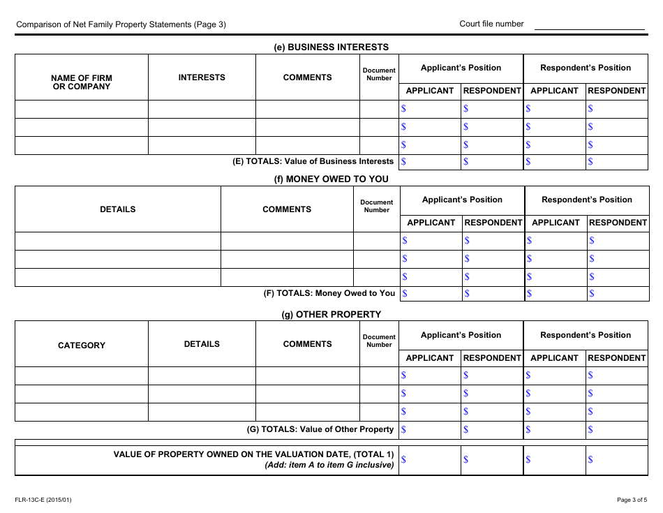 Form 13C Comparison of Net Family Property Statements - Ontario, Canada, Page 3