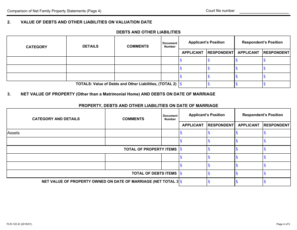 Form 13C Comparison of Net Family Property Statements - Ontario, Canada, Page 4