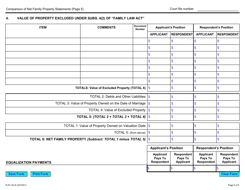 Form 13C Comparison of Net Family Property Statements - Ontario, Canada, Page 5