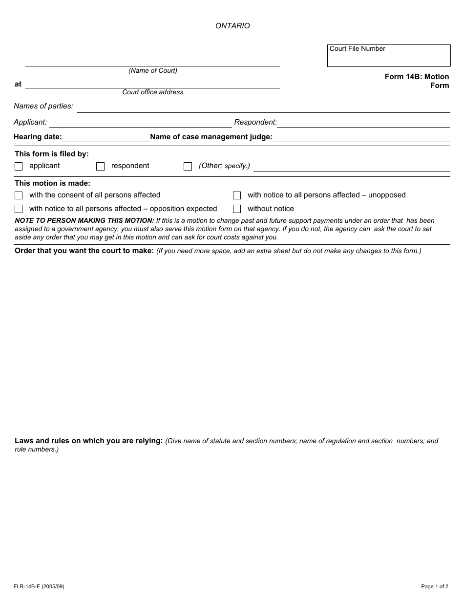 Form 14B Motion Form - Ontario, Canada, Page 1